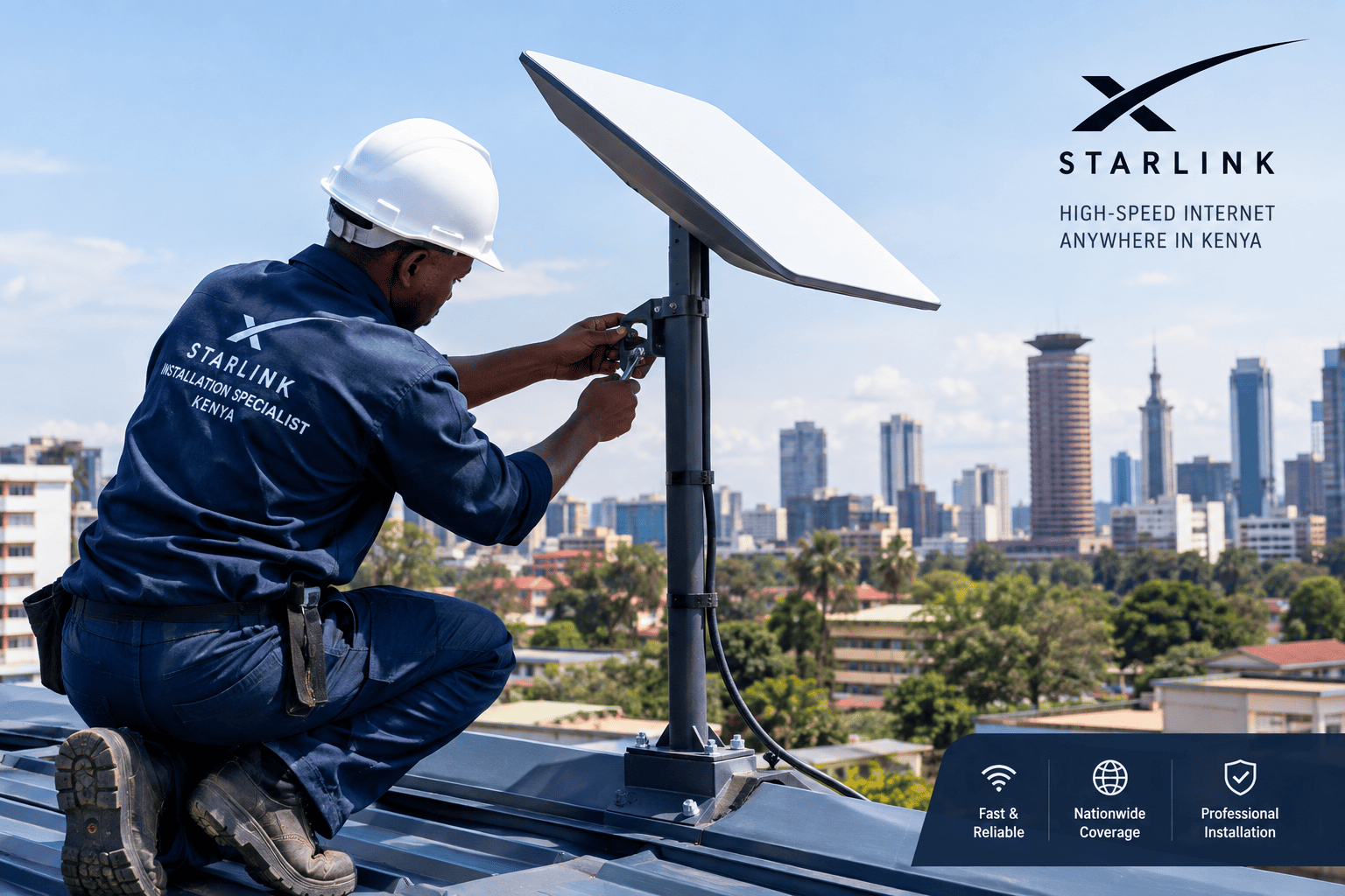 Starlink installation Kenya technician mounting a Starlink dish on a roof in Nairobi